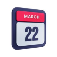 March Realistic Calendar Icon 3D Illustration Date March 22 png