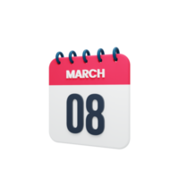 March Realistic Calendar Icon 3D Illustration Date March 08 png