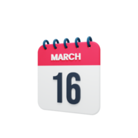 marzo icono de calendario realista ilustración 3d fecha 16 de marzo png