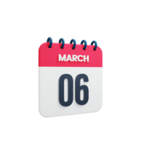 ícone de calendário realista de março ilustração 3d data 06 de março png