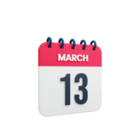 March Realistic Calendar Icon 3D Illustration Date March 13 png