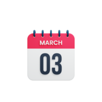 March Realistic Calendar Icon 3D Illustration Date March 03 png