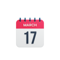 ícone de calendário realista de março ilustração 3d data 17 de março png