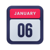 ícone de calendário realista de janeiro ilustração 3d data 06 de janeiro png