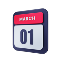 March Realistic Calendar Icon 3D Illustration Date March 01 png