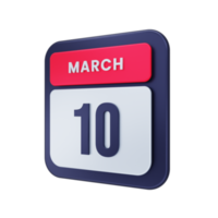 marzo icono de calendario realista ilustración 3d fecha 10 de marzo png