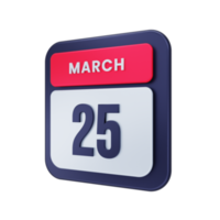 March Realistic Calendar Icon 3D Illustration Date March 25 png