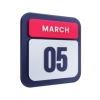 March Realistic Calendar Icon 3D Illustration Date March 05 png