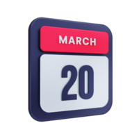 ícone de calendário realista de março ilustração 3d data 20 de março png