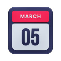 March Realistic Calendar Icon 3D Illustration Date March 05 png