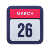 March Realistic Calendar Icon 3D Illustration Date March 26 png