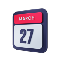 March Realistic Calendar Icon 3D Illustration Date March 27 png