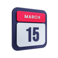 ícone de calendário realista de março ilustração 3d data 15 de março png