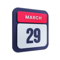 marzo icono de calendario realista ilustración 3d fecha 29 de marzo png