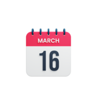 marzo icono de calendario realista ilustración 3d fecha 16 de marzo png