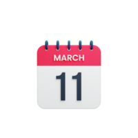 ícone de calendário realista de março ilustração 3d data 11 de março png