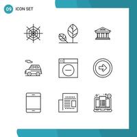 9 User Interface Outline Pack of modern Signs and Symbols of web transport bank car building Editable Vector Design Elements