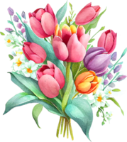 Cute watercolor tulip spring flowers bouquet