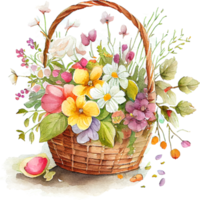 linda canasta de acuarela con flores de primavera png