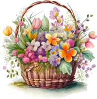 Cute watercolor basket with spring flowers png