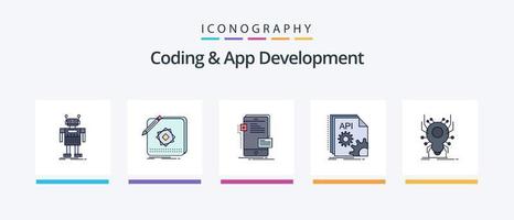 Coding And App Development Line Filled 5 Icon Pack Including product. design. os. system. hardware. Creative Icons Design vector