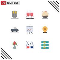 9 Universal Flat Color Signs Symbols of map presentation cake graph roadster Editable Vector Design Elements