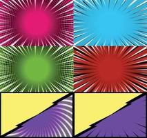 Comic book colorful frames background with halftone rays radial and dotted effects pop art style vector