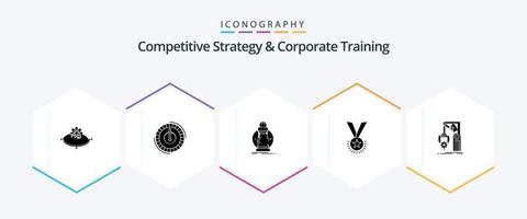 Competitive Strategy And Corporate Training 25 Glyph icon pack including factory. ribbon. lower. reputation. medal vector