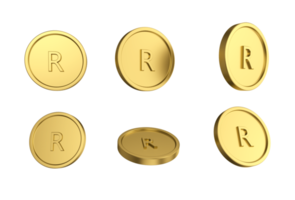 Conjunto de ilustración 3d de moneda de rand sudafricano de oro en diferentes ángeles png
