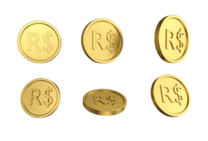 Conjunto de ilustración 3d de moneda real brasileña de oro en diferentes ángeles png