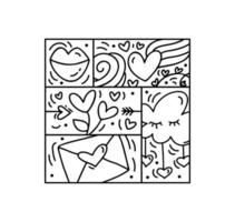 Vector Valentines logo composition heart, envelope, cloud, balloon, love handwritten text. Hand drawn monoline constructor in square frame for greeting card