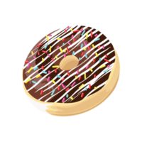 um pedaço de donut decorado com chocolate amargo, listras de chocolate claro e brilhos png
