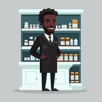 an adult black man working a pharmacist, with shelf of drugstore drugs in the background vector