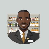 an adult black man working a pharmacist, with shelf of drugstore drugs in the background vector