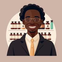 un hombre negro adulto que trabaja como farmacéutico, con un estante de medicamentos de farmacia en el fondo vector