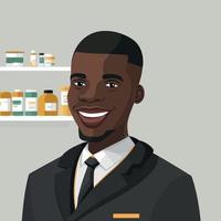 un hombre negro adulto que trabaja como farmacéutico, con un estante de medicamentos de farmacia en el fondo vector