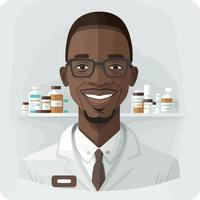 un hombre negro adulto que trabaja como farmacéutico, con un estante de medicamentos de farmacia en el fondo vector
