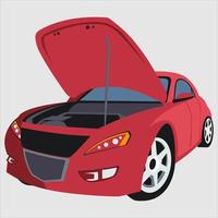parte del capó del coche. coche rojo aparcado con el capó abierto. tipo de vehículo suv para reparaciones o mantenimiento. vector