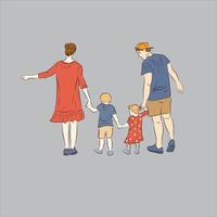 retrato de una familia feliz en un paseo por padres e hijos. mamá y papá caminan con su hijo y su hija. la gente sonríe. concepto de amor y valores familiares. visto desde atrás vector