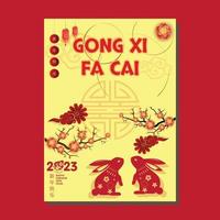 feliz año nuevo chino texto gong xi fa cai sobre fondo de banner de patrón oriental con conejos de agua en color rojo vector