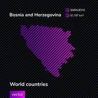 Vector abstract map of Bosnia and Herzegovina with violet striped texture and striped dark background