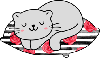 carino gatto addormentato su un' colorato cuscino mano disegnato cartone animato animale carattere. cartone animato personaggio design png