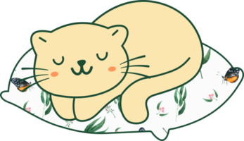 carino gatto addormentato su un' colorato cuscino mano disegnato cartone animato animale carattere. cartone animato personaggio design png