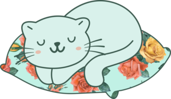 lindo gato durmiendo en una almohada colorida personaje animal de dibujos animados dibujados a mano. diseño de personajes de dibujos animados png