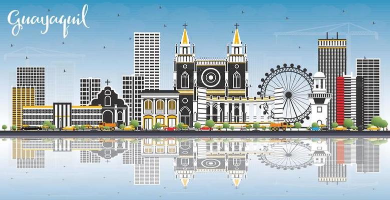 Guayaquil Ecuador City Skyline with Color Buildings, Blue Sky and Reflections.