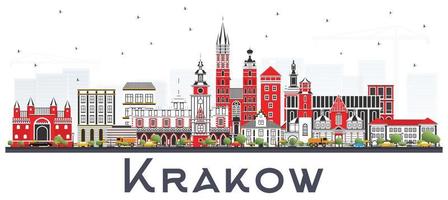 Krakow Poland City Skyline with Color Buildings Isolated on White. vector