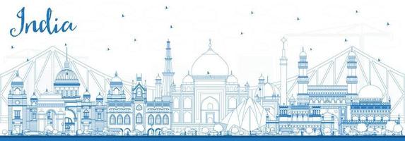 Outline India City Skyline with Blue Buildings. vector