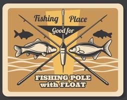 Fishing sport retro poster, fishes and rods vector