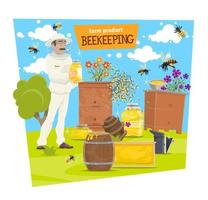 Beekeeping farm and beekeeper with honey vector