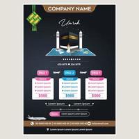 Hajj Umrah Luxury Package Flyer Macca Madinah Kaaba Luxury a hajj or umrah template design on cream and gold color. modern corporate vector illustration for brochure, flyer, greeting card, invitation